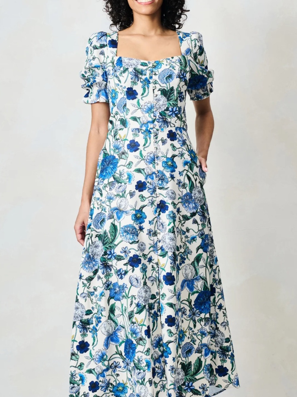 Floral Scoop-Neck Maxi Dress in White and Blue